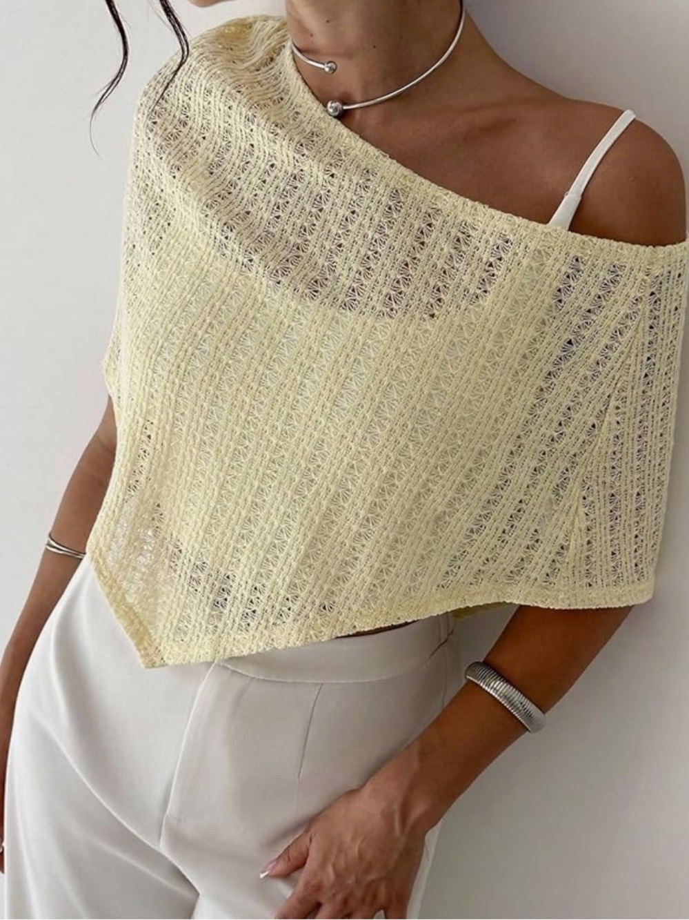 Chic Nation Pale Yellow Sheer Knit Asymmetric Crop Top